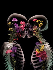 Skeletal love blooms as vibrant flowers emerge from entwined bones under a dark backdrop
