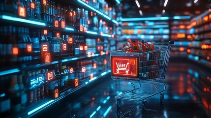 Futuristic Shopping Cart in Digital Supermarket