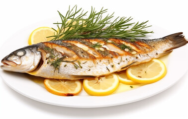 Delicious grilled fish is beautifully presented with crispy skin and flaky flesh. Accompanied by zesty lemon slices and a sprig of rosemary, it offers an elegant and appetizing dish