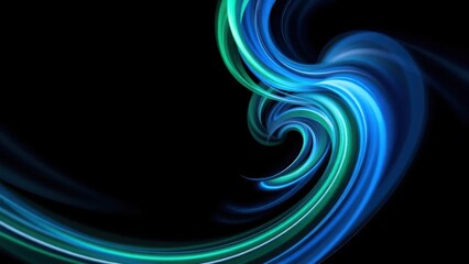 Abstract swirling vortex of blue, green, and white lines on a black background