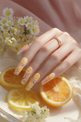 Vibrant lemon-themed nail art showcases floral elegance and summer vibes in a serene setting