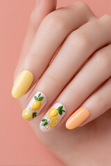 Vibrant lemon-inspired nail art showcasing creativity and seasonal charm on a peach backdrop