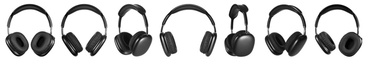 A set of black wireless headphones in monochrome on a white insulated background