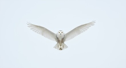 A snowy owl flies with open wings, facing towards the viewer. white background