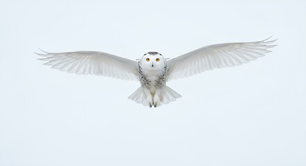 A snowy owl flies with open wings, facing towards the viewer. white background