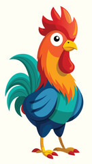 Colorful cartoon illustration of a cheerful rooster with vibrant feathers and bold outline