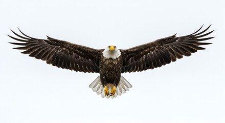 A bald eagle soars high in the sky, its wings fully extended. The striking bird has a white head and tail, and a powerful yellow beak. white background.