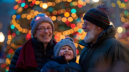 Family Joy at Winter Festival: Three generations share a heartwarming moment in front of a Christmas tree, faces lit by laughter and holiday lights, creating a festive memory.