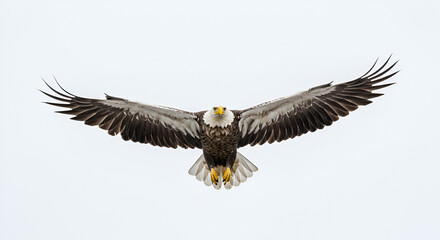 A bald eagle soars high in the sky, its wings fully extended. The striking bird has a white head and tail, and a powerful yellow beak. white background.
