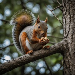  Squirrel Eating a Nut on a Tree Branch.