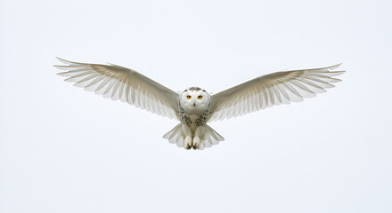A snowy owl flies with open wings, facing towards the viewer. white background