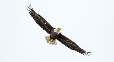 A bald eagle soars high in the sky, its wings fully extended. The striking bird has a white head and tail, and a powerful yellow beak. white background.