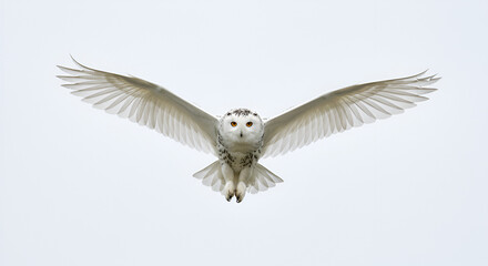 A snowy owl flies with open wings, facing towards the viewer. white background