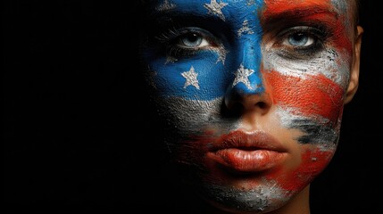 Close-Up Portrait of Woman with American Flag Painted on Face, Studio Lighting