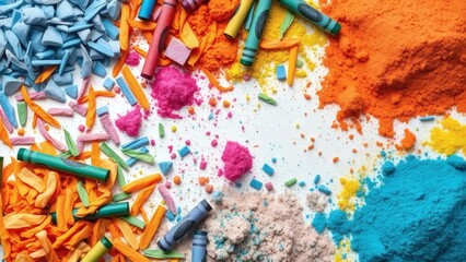 Fototapeta premium Colorful crayons and powder pigments isolated on white background