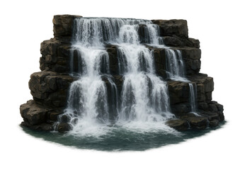 Majestic Multi-Tiered Waterfall Cascading Over Rocky Outcrops with Crystal Clear Water Flowing Elegantly, Isolated on Transparent and White Background