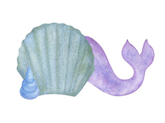 Watercolor Mermaid Tails Banners, Hand painted illustration on white background.