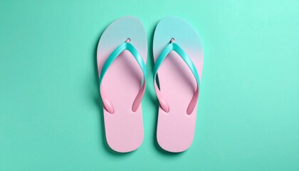 Pastel Pink and Teal Summer Flip-Flops on Aqua Background