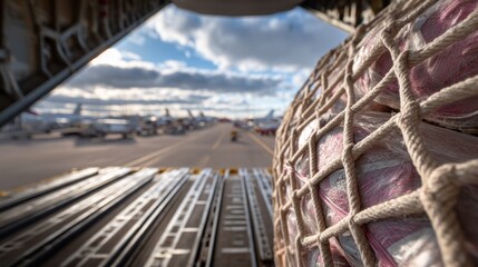 Cargo netting is tightly secured, showcasing the meticulous preparations for transport at a busy airport. The background reveals aircraft and activity typical of daytime operations