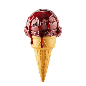 Delicious ice cream cone with chocolate and raspberry sauce against a plain background