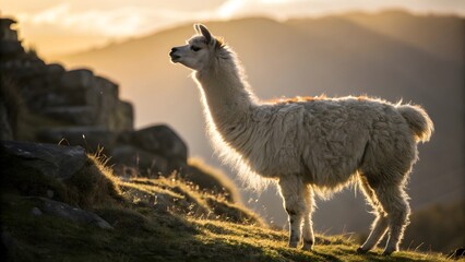 Fototapeta premium Majestic Llama Silhouetted Against a Vibrant Sunset, High in the Andes Mountains. Golden Hour Light Bathes its Fluffy Coat.