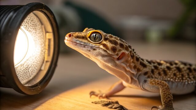 Curious Leopard Gecko basking in warm light, its bright eyes fixed on a nearby lamp, a captivating close-up showcasing intricate details and textures.