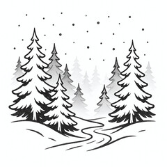 Fototapeta premium Black and white snowy forest landscape with a winding path. Perfect for engraving, logos, prints, and creative winter projects