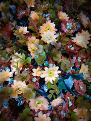 Peach, orange and cream flowers are densely arranged from artificial flowers, creating a rich of color and texture in vignette style.