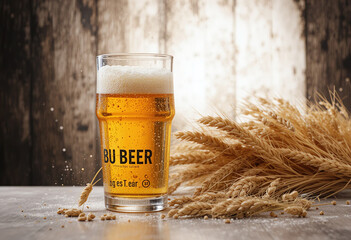 Golden beer glass with wheat. Ideal for brewery ads, beer packaging, pub menu designs, and Oktoberfest-themed creative projects