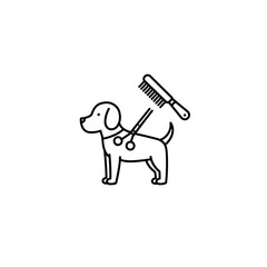 Dog standing with grooming comb above in minimal line art style  