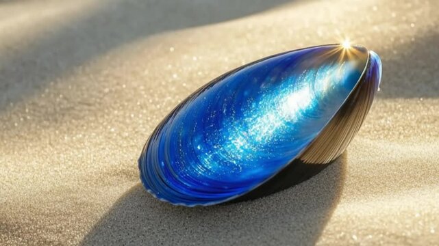 A stunning blue shell resting on golden sand, with sunlight reflecting off its surface, creating a serene beach scene