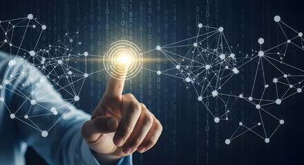 In a dynamic digital realm, a hand elegantly touches a glowing node in a modern visual depiction of technological advancement and the seamless integration of data.