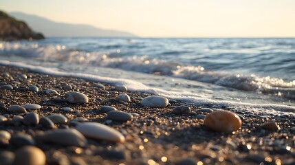 Close-up view of pebbles on a beach at sunrise.