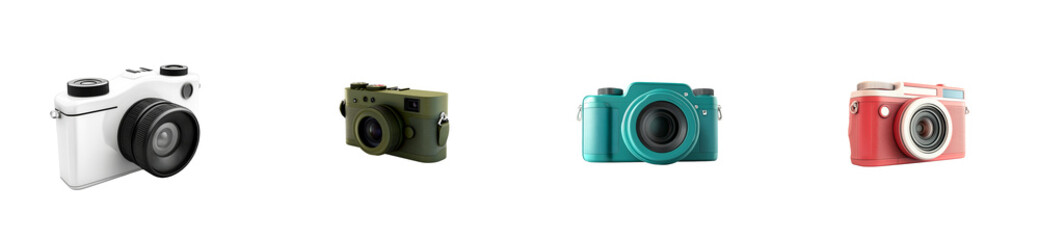 Camera collection in white, green, blue and pink color, cut out transparent