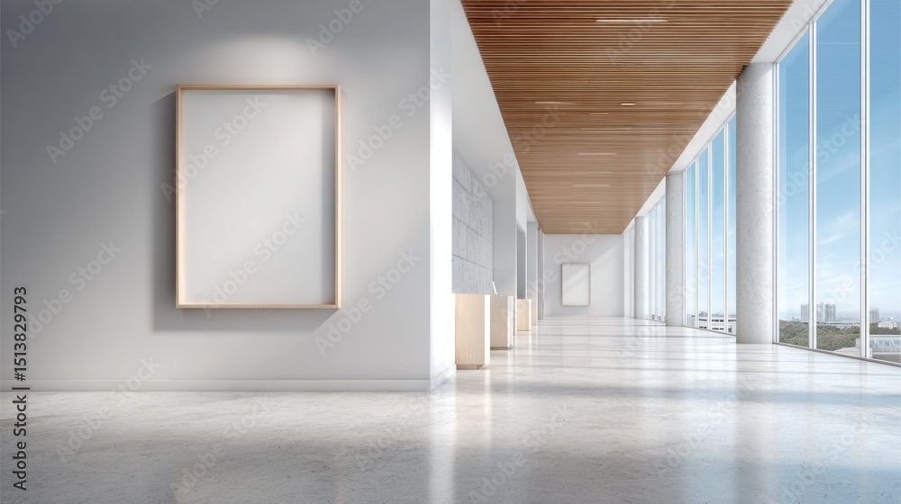 Poster a sleek modern office space is enhanced by a large blank frame mounted on a bright wall, complemente