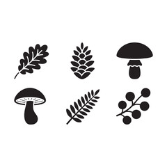 Flat Style Vector Illustration of Forest Fungi and Plants on Black Backdrop for Nature-Inspired Designs and Educational Use