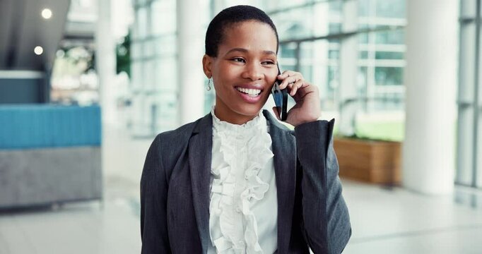 Lawyer, woman and happy with phone call in office for case feedback, legal advice and negotiation. Attorney, black person and speaking to contact for networking, settlement agreement and good news