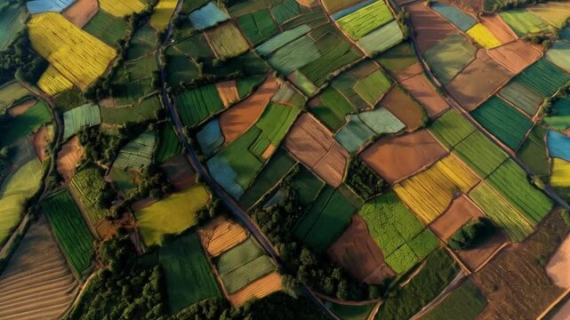 Aerial view of patchwork fields with diverse crops and textures creating a rural landscape scene