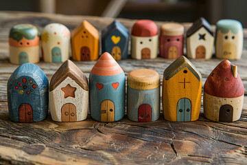 Playful Miniatures: Toy Houses on Rustic Wood