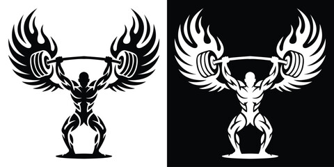 Abstract winged trophy silhouette with muscular figure, symmetrical black vector graphic, gym logo
