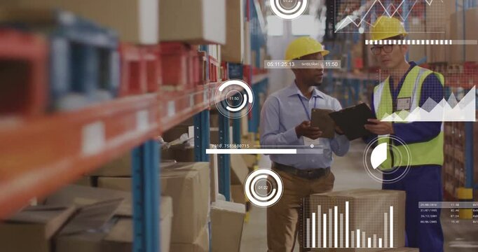 Warehouse crew comparing digital devices data causing animated charts and dials for inventory audit
