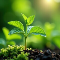 Young green seedling in vibrant sunlit garden environment.