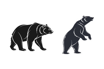 Bear silhouette vector illustration, Black silhouette of a bear on a white background looking forward from the side.