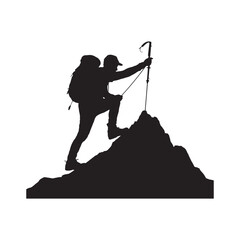 Fototapeta premium Silhouette Illustration of a Mountaineer Climbing a Mountain Peak with Ice Axe Against a Black Background for Outdoor Adventure