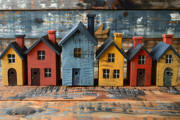 Playful Miniatures: Toy Houses on Rustic Wood