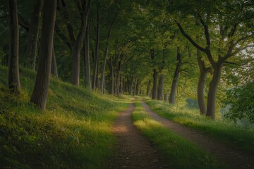 Obraz premium Sun-dappled forest path lined with tall trees and lush green ground cover