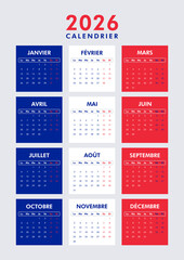 2026 calendar modern classic. Week starts on Monday. Desk or wall A4 vertical calendar in French flag colors