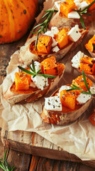 Baked sweet pumpkin  slices topped with roasted butternut squash, feta cheese, and fresh rosemary on a wooden board. Autumn-themed food presentation.
