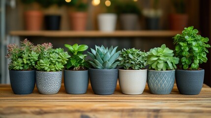 Arrangement of small potted succulents on a wooden surface.