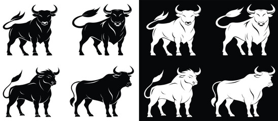 Set of bull silhouette icons in black and white, strong wild animal vector